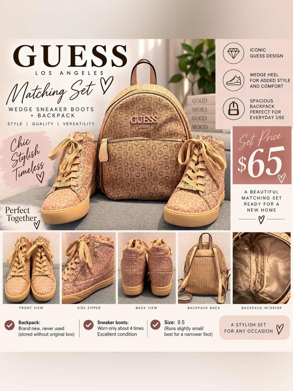 GUESS Tan women’s Sneaker Boots with Matching Backpack